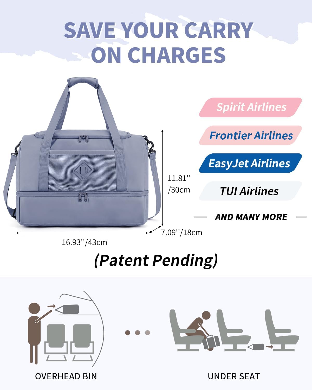 WANDF Travel Duffel Bag with Wet Pocket & Shoe Compartment, 18x14x8 Personal Item Bag with USB