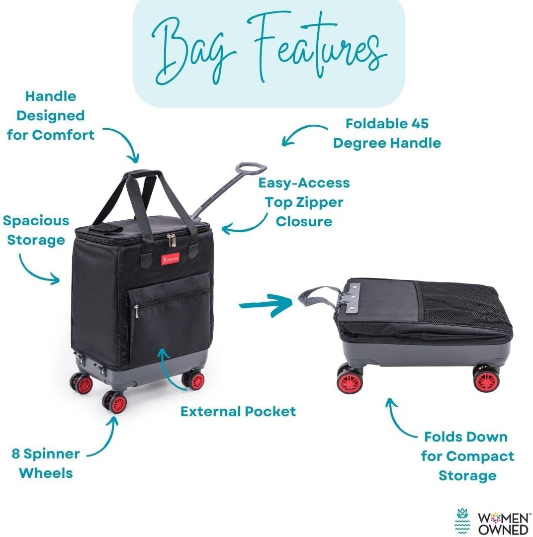 All-Purpose Roller Bag – Foldable Top-Opening Tote on Wheels with Zipper Closure, 8 Spinner Wheels, Lightweight & Durable – Travel, Groceries, Laundry, Work, Everyday Hauling - Patent- Red