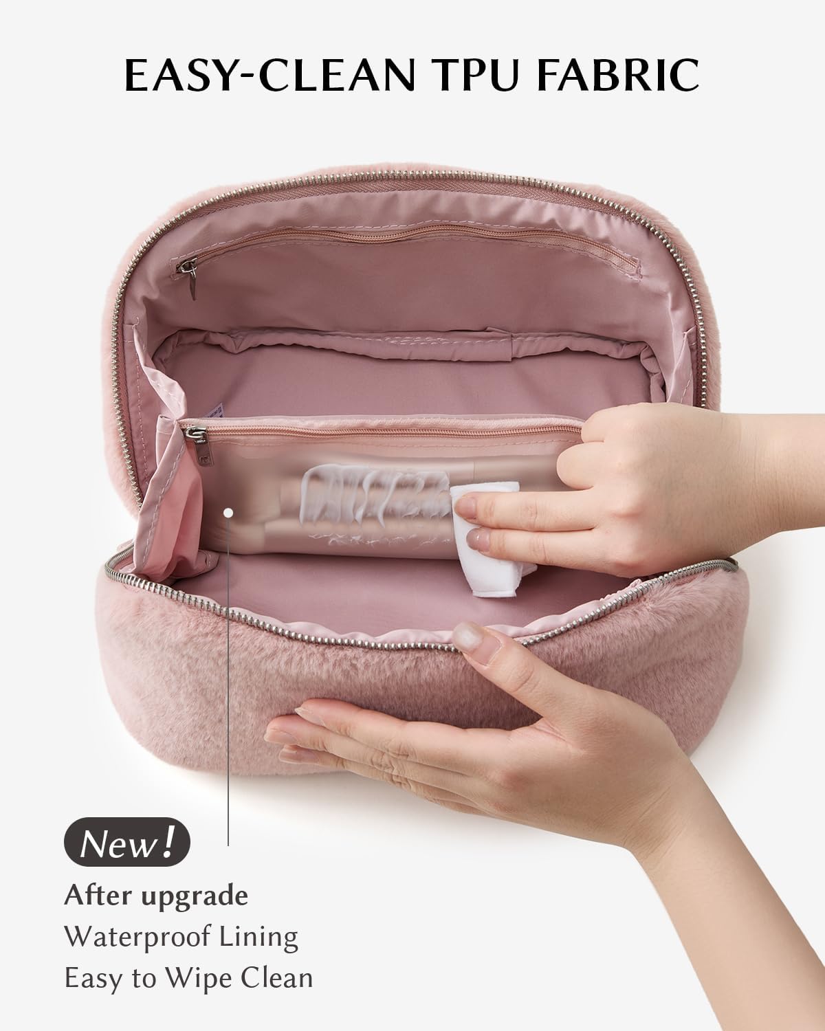 EACHY Travel Makeup Bag,Cute Faux Fur Cosmetic Bag for Women,Portable 180°Wide-Open Flat Toiletry Bag,Large Capacity Makeup Pouch Make up Organizer with Divider and Handle
