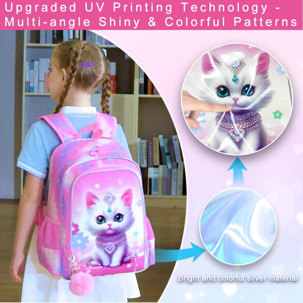 3PCS Girls Cat Backpack, Water Resistant Kids Bookbag Set with Lunch Box，Cute Elementary School Bag for Preschool Toddler