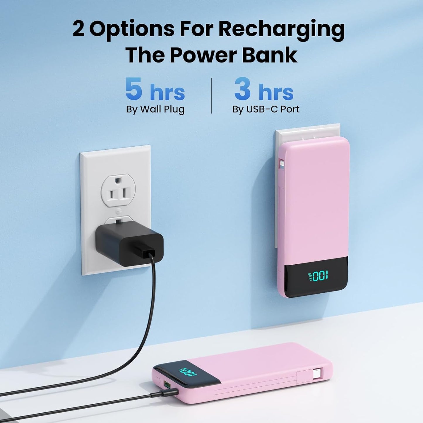 YHO Portable Charger 13800mAh for iPhone with Built-in Cables & AC Wall Plug,5-in-1 USB-C Power Bank,LCD Display External Battery Pack Phone Charger Compatible with iPhone 16/15/14,Android (Pink)