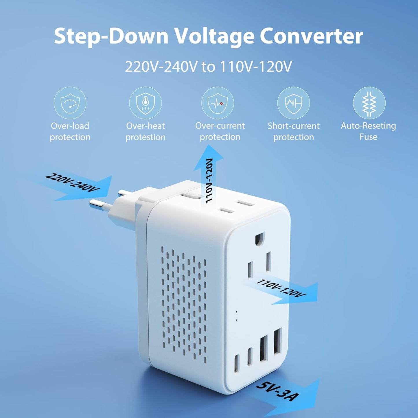 2000W 220V to 110V Voltage Converter US to Europe, Power Converter with Type C, A, G, I Plugs, 2