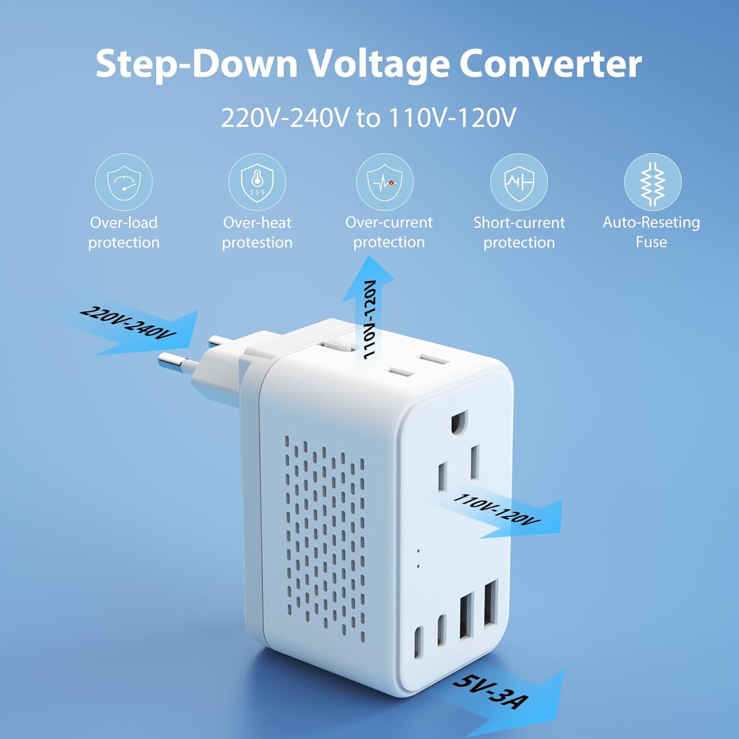 2000W 220V to 110V Voltage Converter US to Europe, Power Converter with Type C, A, G, I Plugs, 2