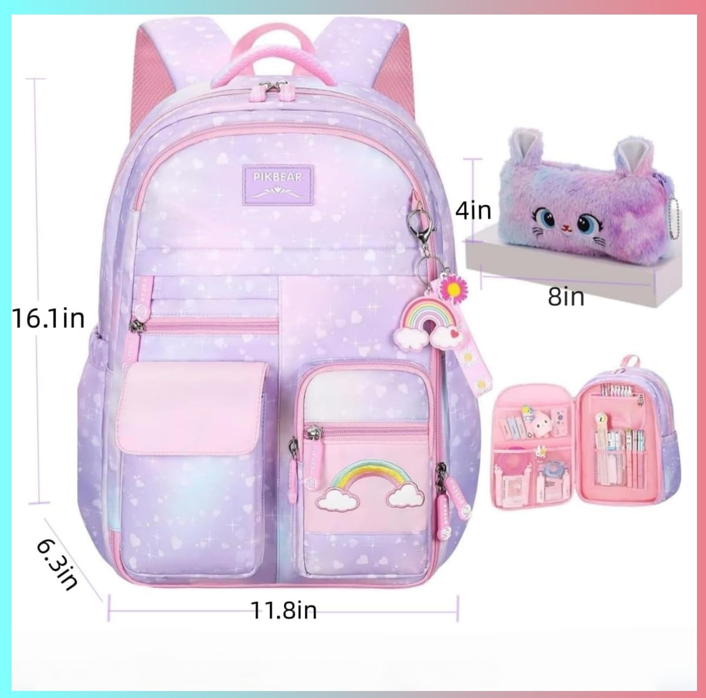 Girls Backpack,Rainbow Backpack for Girls-Kawaii Purple School Bookbag, Lightweight Large Capacity