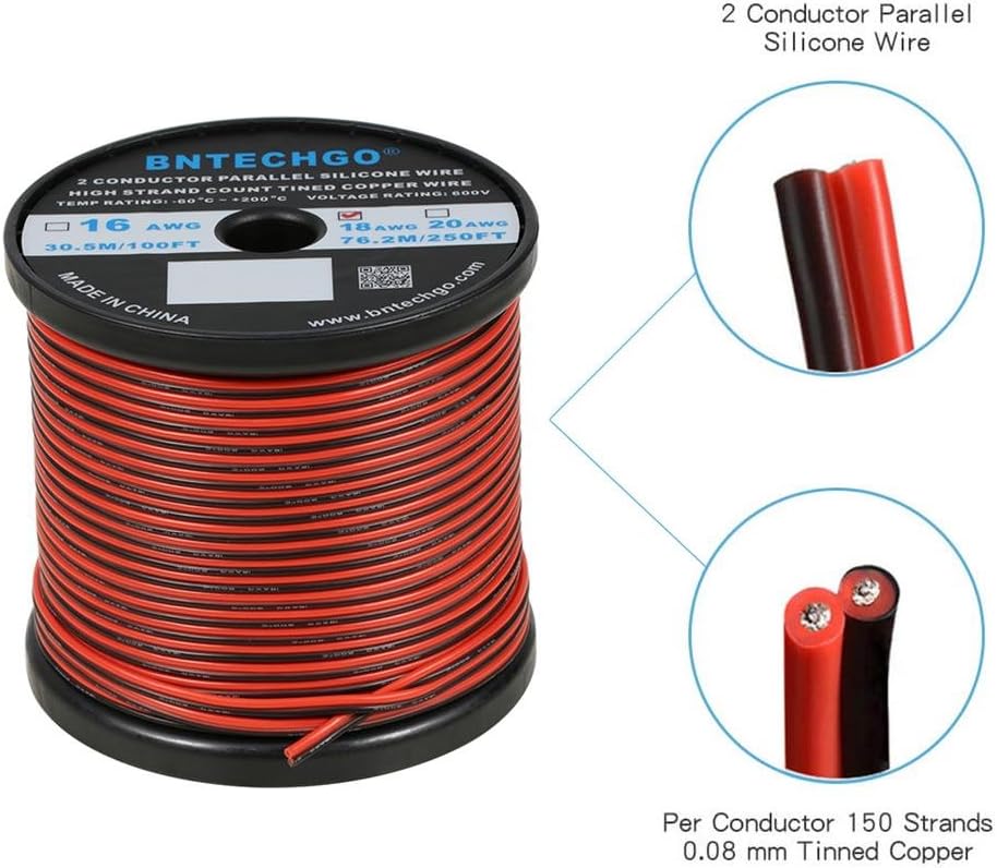 BNTECHGO 18 Gauge Flexible 2 Conductor Parallel Silicone Wire Spool Red Black High Resistant 200 deg C 600V for Single Color LED Strip Extension Cable Cord,Model,250ft Stranded Tinned Copper Wire