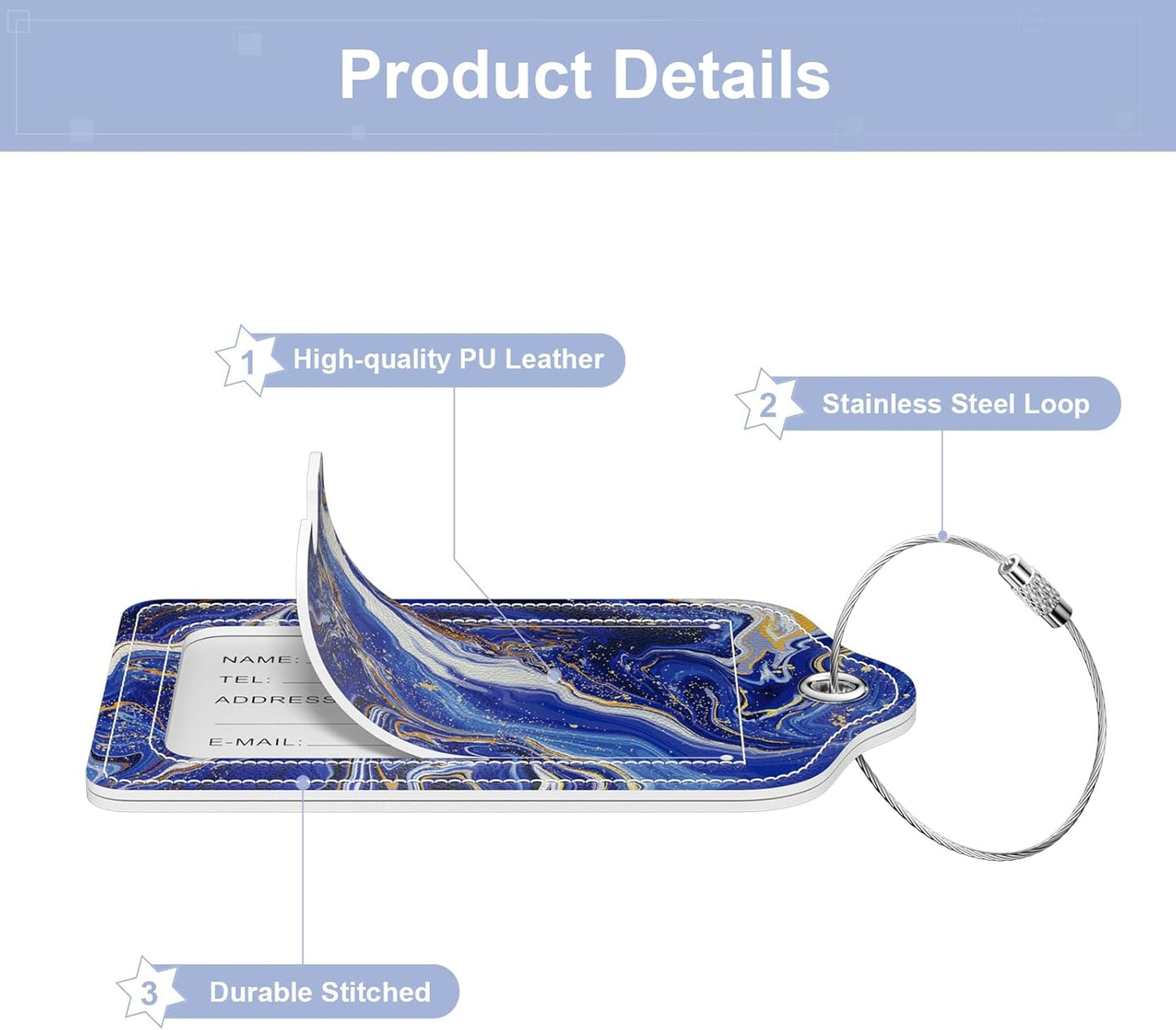 2 Pack PU Leather Luggage Tags for Suitcase, Travel Cruise Luggage Tag with Privacy Flap, Name ID Label and Metal Loop for Women Men Baggage Handbag School Bag Backpack, Blue Flow Marble
