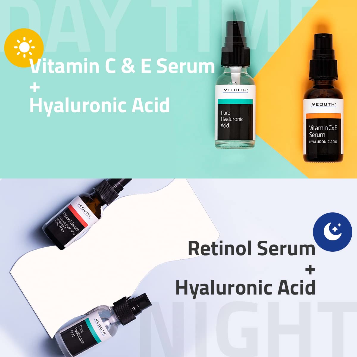 YEOUTH Skin Care Set: Retinol Serum for Face, Vitamin C and Hyaluronic Acid Serum, Face Care Kit that Targets Appearance of Uneven Uneven Skin and Dryness 3x1 oz