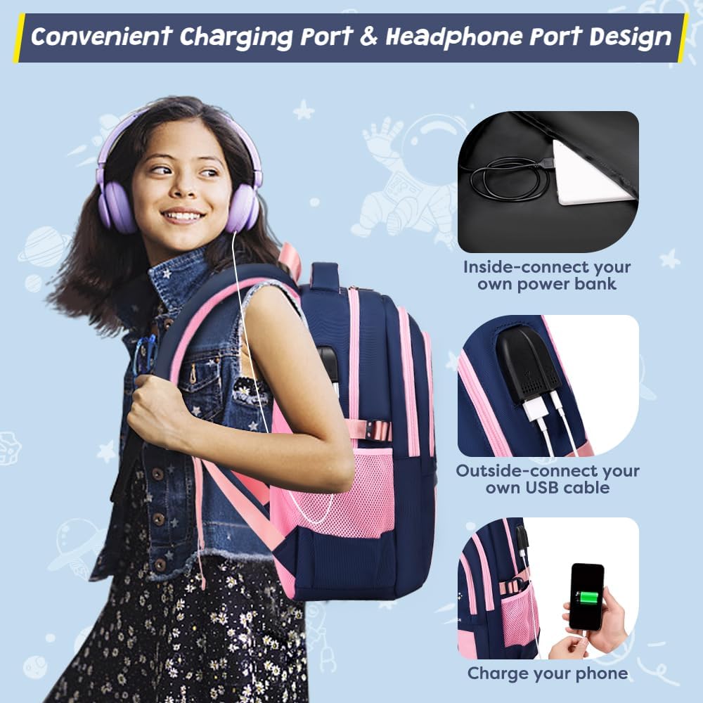 Backpack for Girls - Girls Backpack Schoolbag for Kids Children Teens Elementary Middle School Bags, Waterproof Lightweight Kids Bookbag Backpacks Casual Daypack with Lunch Bag Set