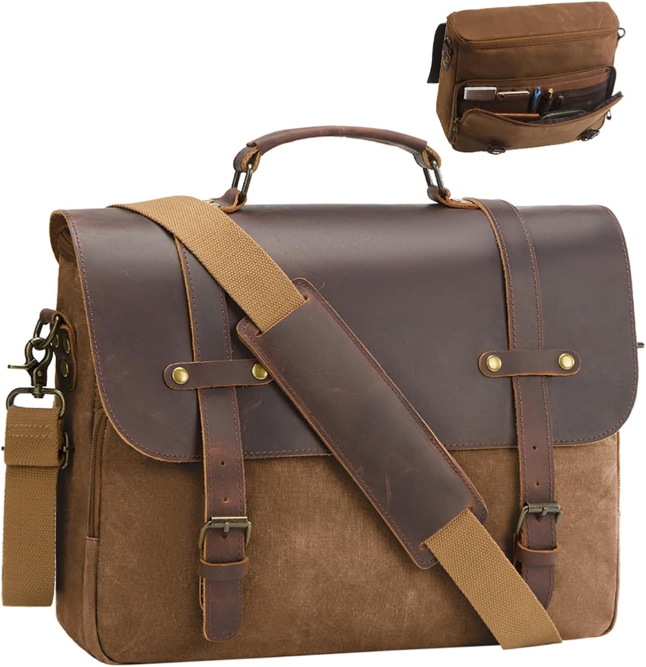 Mens Messenger Bag Waxed Canvas Laptop Briefcase 16“ Vintage Genuine Leather Crossbody Bags Waterproof Satchel Shoulder Bag