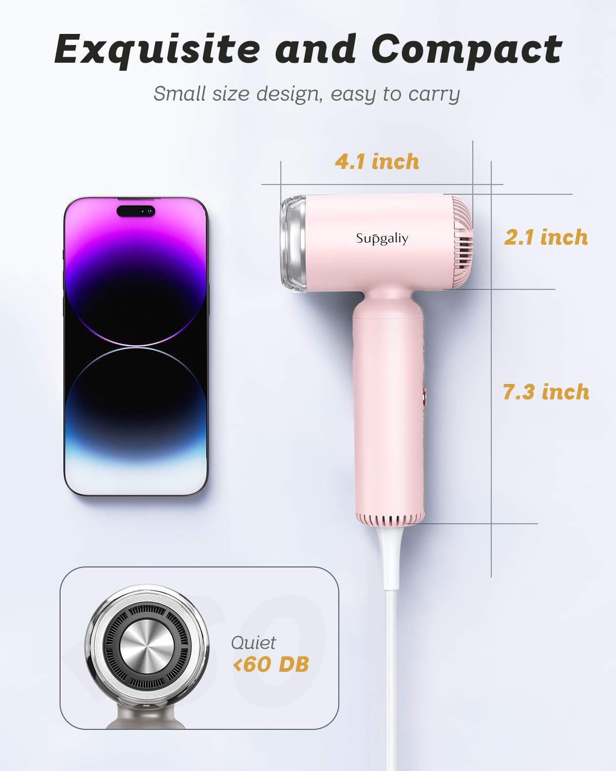 Hair Dryer - Mini HairDryer, Ionic High-Speed Motor for Fast Drying, Portable Lightweight Blow Dryer, Quiet Blowdryer with Magnetic Curly Diffuser & Concentrator for Home Travel ONLY 110V