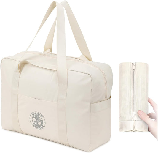 Weekender Bags for Women, Travel Duffel Bags, Water Resistant Personal Item/Carry Bag, Carry on Overnight Bag, Foldable Gym Bag for Travelling, Sports (Beige)