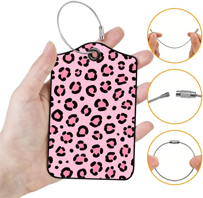 2 Pack Leopard Leather Luggage Tags for Suitcases, Travel Bag Tags with Privacy Cover ID Label with Stainless Steel Loop for Women Men Girls Backpack Gift (Pink Bronze)