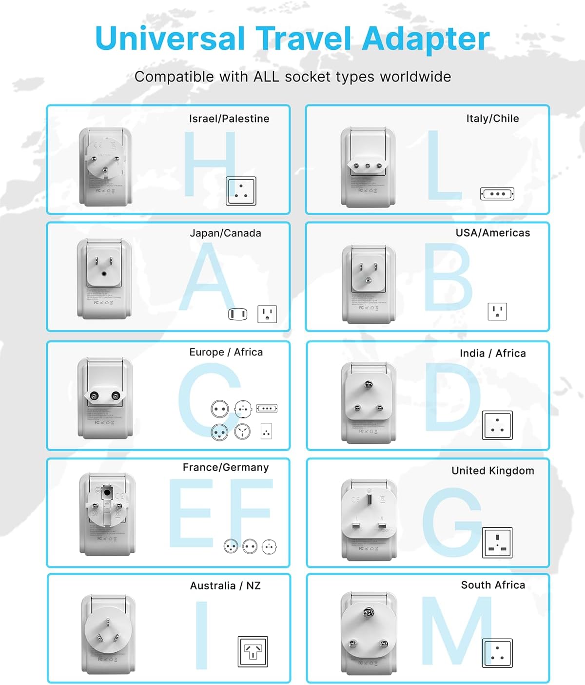 Universal Travel Adapter Kit, VINTAR PD 35W International Power Adapter with 4 AC and 3 USB Ports(2 USB-C), Type A,B,C,D,E/F,G,H,I,L,M Detachable Attachments, Travel Adapter Worldwide for EU/UK/Africa