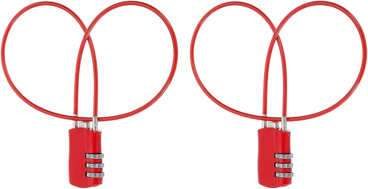 MECCANIXITY 2 Pcs Luggage Travel Lock, 3 Digit Cable Combination Lock 1-3/16" Width Body with 20" Long Cable for Suitcase Bag Cabinets Small Fences Gym, Red