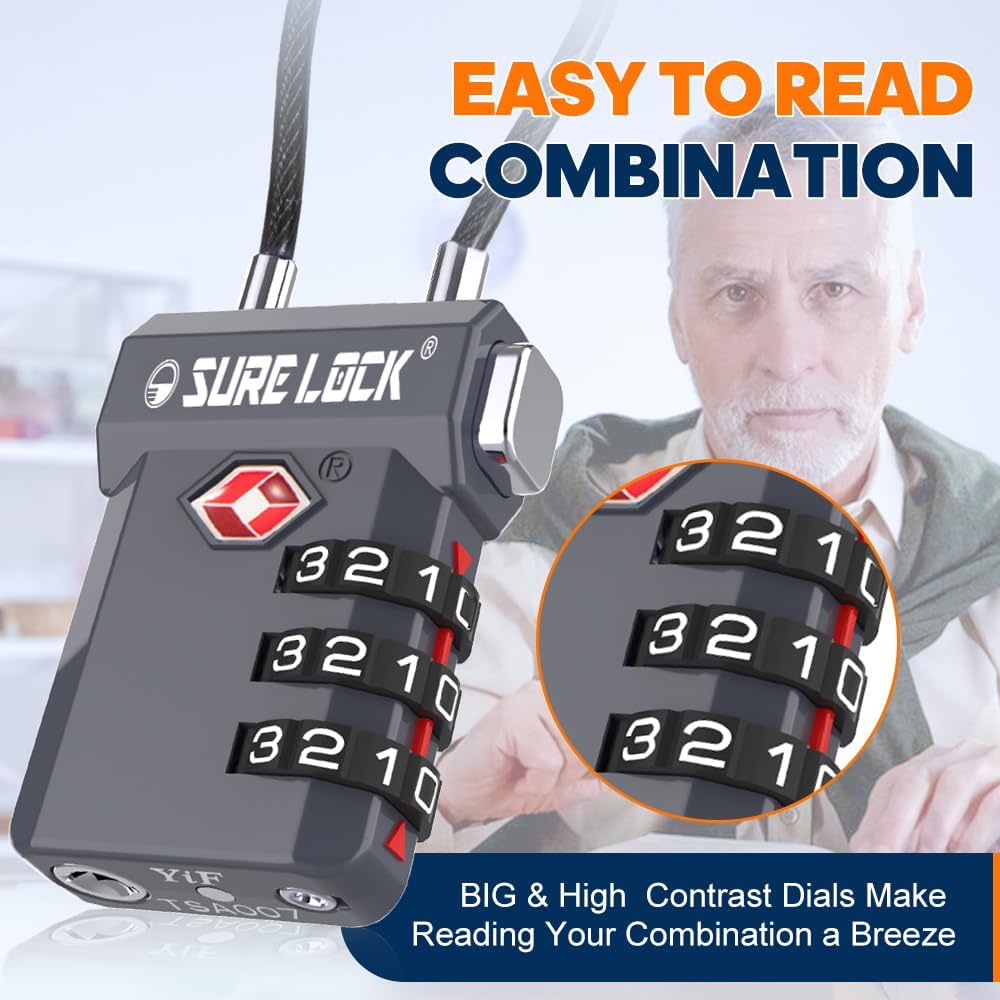 SURE LOCK TSA Approved 3-Digit Combination Luggage Locks – Open Alert Indicator, Re-settable Code with Zinc Alloy Body, Easy-Read Dials for Suitcase, Backpack, Gym Locker & Toolbox (Multiple Colors)