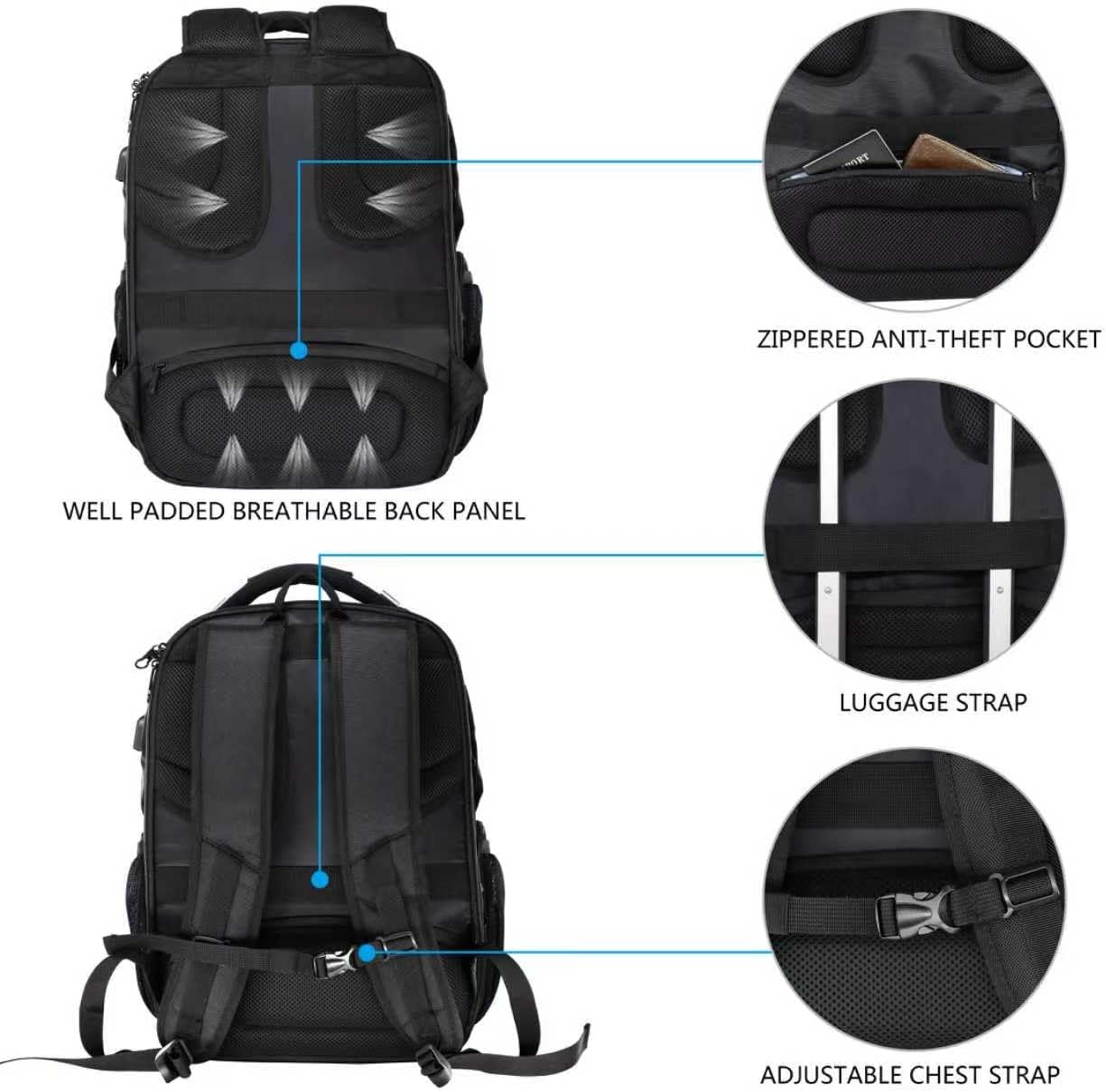 KROSER TSA Friendly Travel Laptop Backpack 17.3 inch XL Computer Backpack Water-Repellent College Daypack Business Backpack with RFID Pockets & USB Port for Men/Women-Black