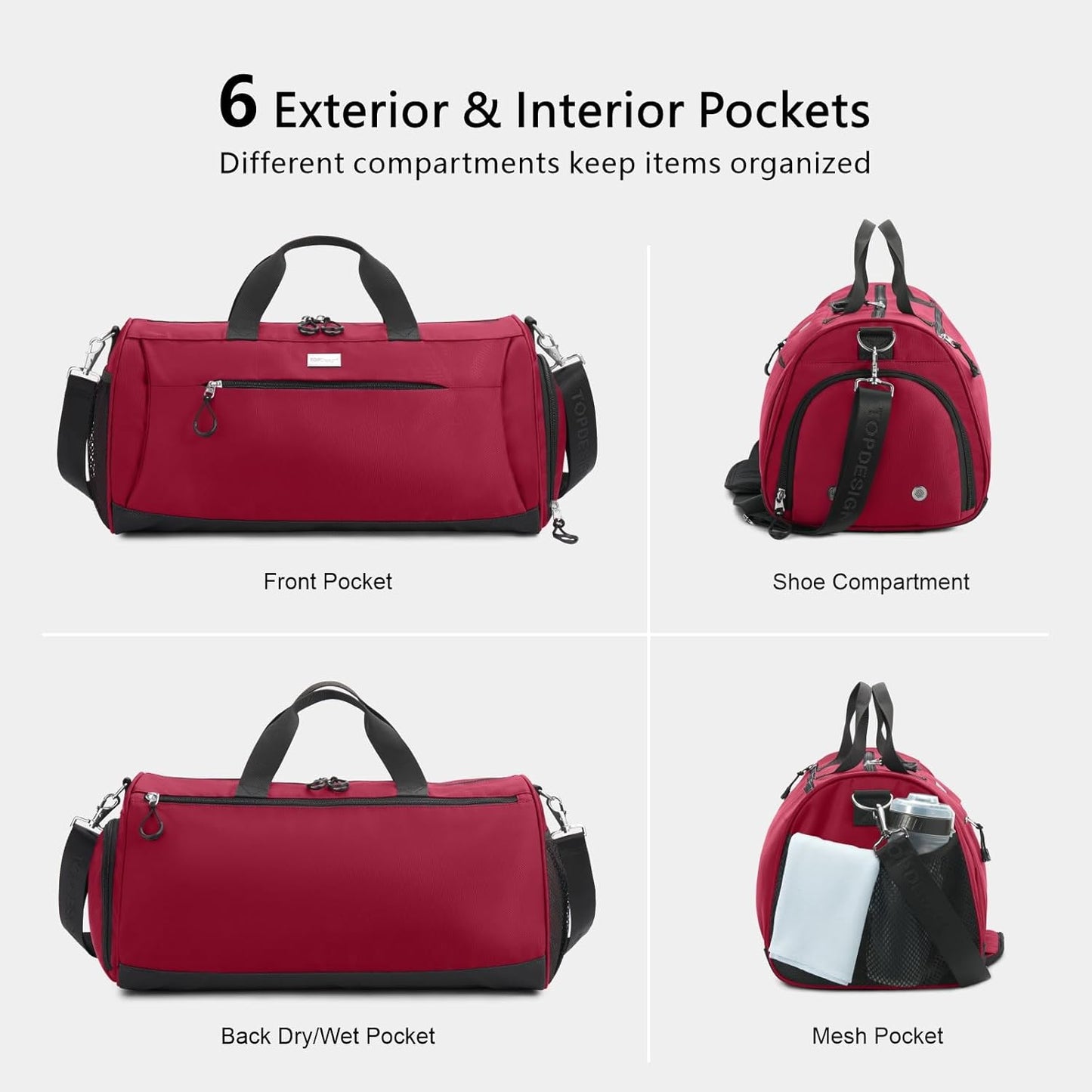 TOPDesign Gym Bag for Women & Men, Unisex Duffel Bag with Shoe Compartment & Wet Pocket for Travel