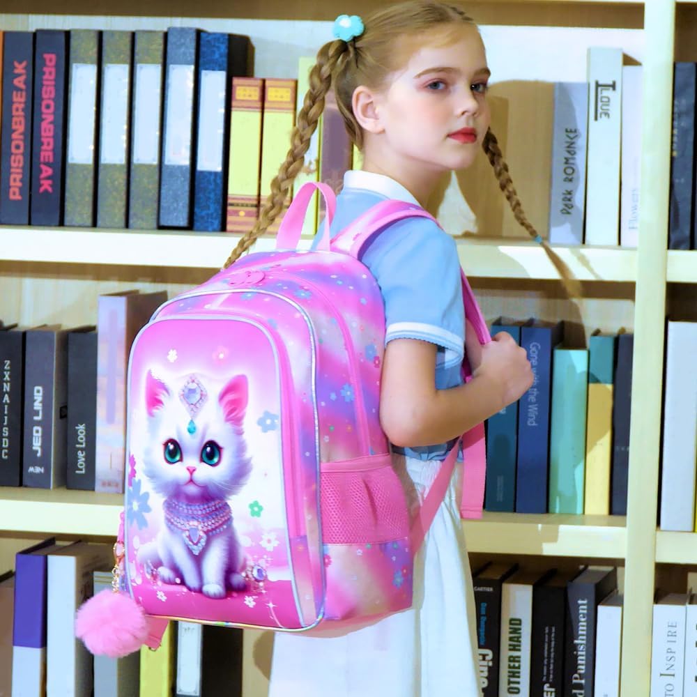 3PCS Girls Cat Backpack, Water Resistant Kids Bookbag Set with Lunch Box，Cute Elementary School Bag for Preschool Toddler