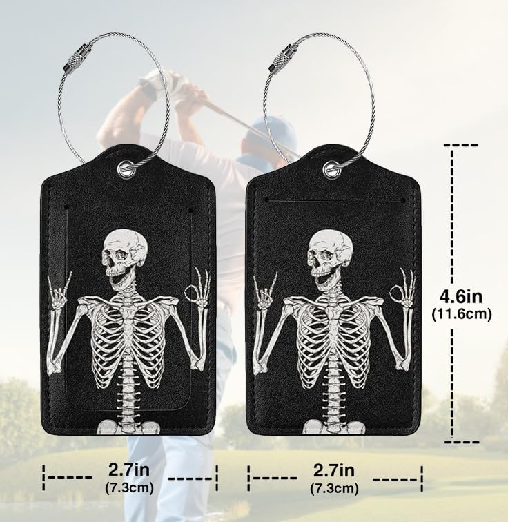 Skull Rock Roll 2 Pack Luggage Tag for suitcases Skeleton Travel PU Cute Leather Luggage Tag Name ID Labels with Privacy Cover Suitcases Women Men Girls Boys Fun Laggage Tags (Skeleton)