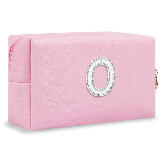 ChaoGreat Bride Gifts – Personalized Initial Makeup Bag with Pearl Rhinestone Patch, Preppy Pink Monogram Cosmetic/Toiletry Pouch, bridesmaid Gifts, Bridal Shower Gifts, Wedding Gifts, Bridal Gifts,O