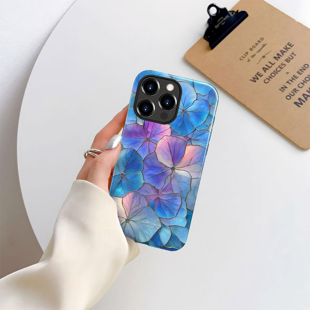 Case for iPhone 14 Pro - Slim Fit Anti-Scratch Phone Case for Girl Women - Blue Hydrangea Floral Stained Glass Aesthetic (Glossy)