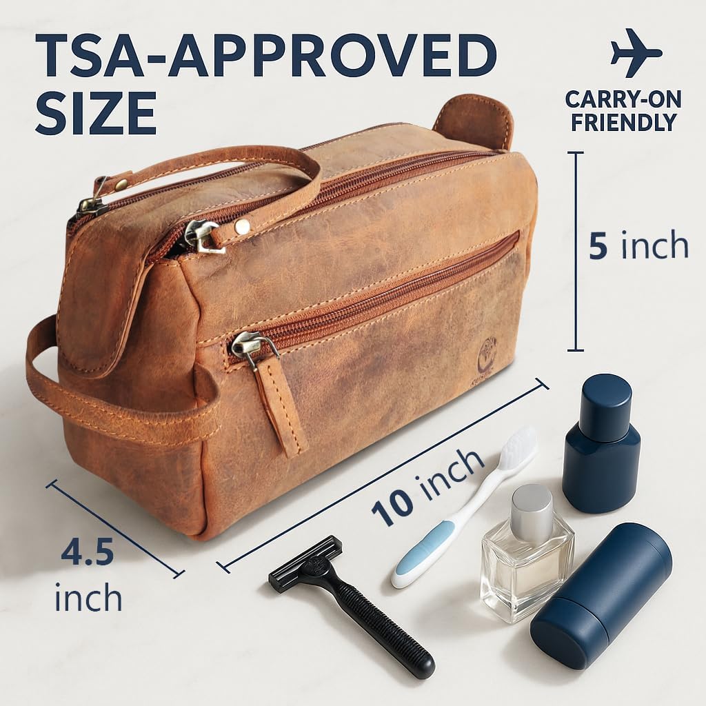 RUSTIC TOWN Buffalo Leather Toiletry Bag : Vintage Travel Shaving & Ditty Kit : for Toiletries, Cosmetics & More : Spacious Interior & Waterproof Lining : Compact, Fits Easily in Luggage
