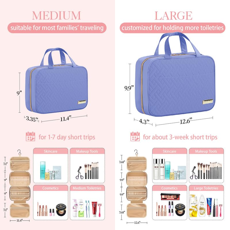 HOTOR Travel Toiletry Bag - Hanging Toiletry Bag for Women & Men, Makeup Bag/Big Comparment, Waterproof for Travel Accessories, Travel Essentials, Large, Aegean-Blue