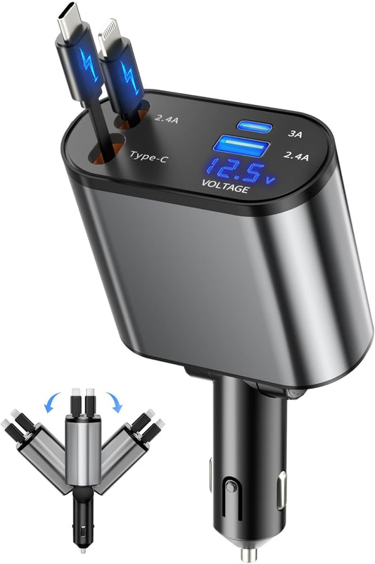 Retractable Car Charger, 4 in 1 Fast Charging Car Charger USB-C & USB-A Compatible with iPhone 16/15/14/13/12/11,Galaxy,Pixel
