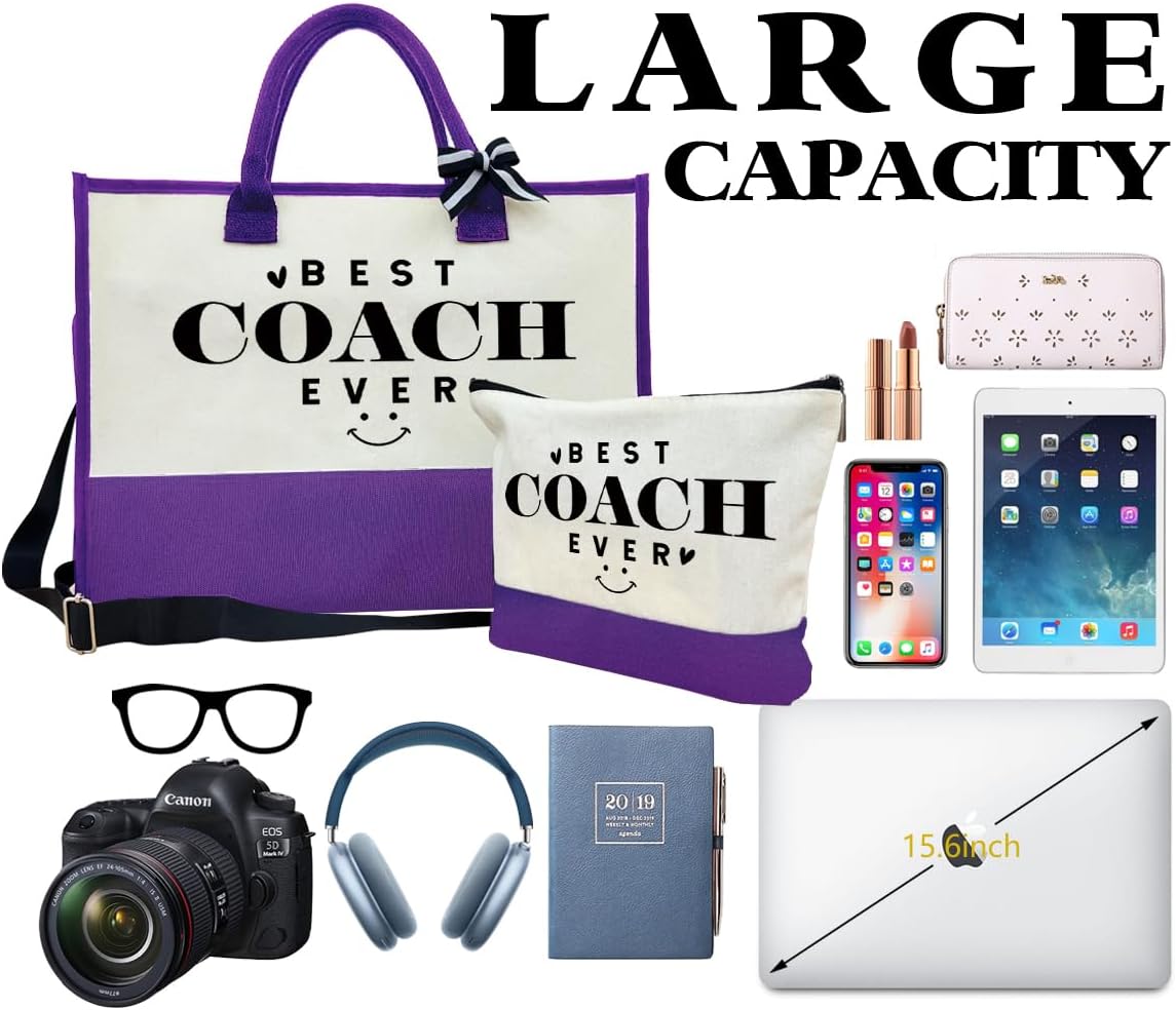 SUSZDOU Gifts for Best Coach Ever - Canvas Beach Tote Bag with Matching Makeup Pouch, Durable Travel Gym Camping Bag, Thank You Gift for Sports Coach, Female Trainers Gifts for Women I1