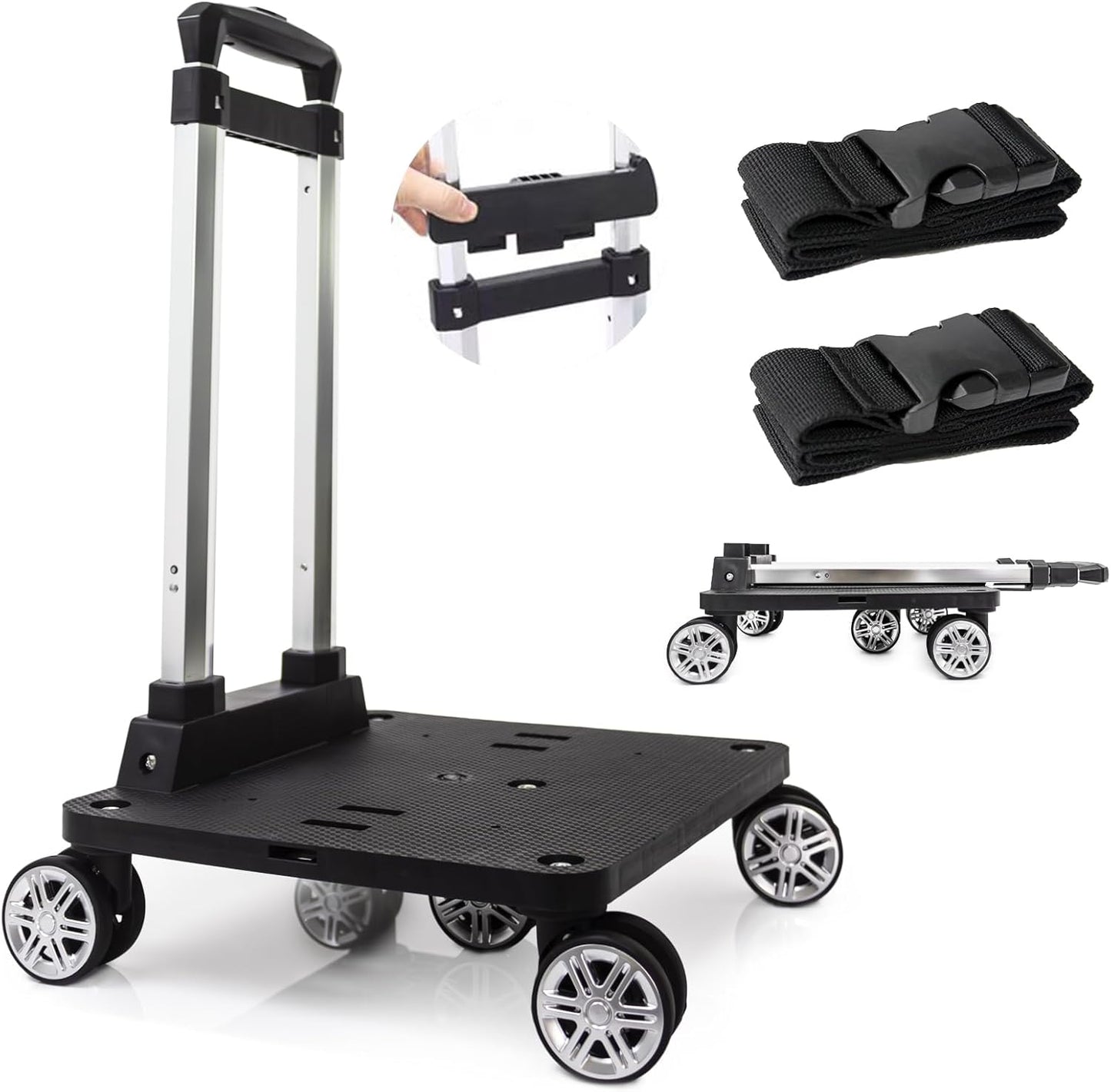 Foldable Black Aluminum Backpack Cart with 5 Swivel Wheels, Large Base, Ideal for Large Backpacks, Pet Carriers, Laptop Bags