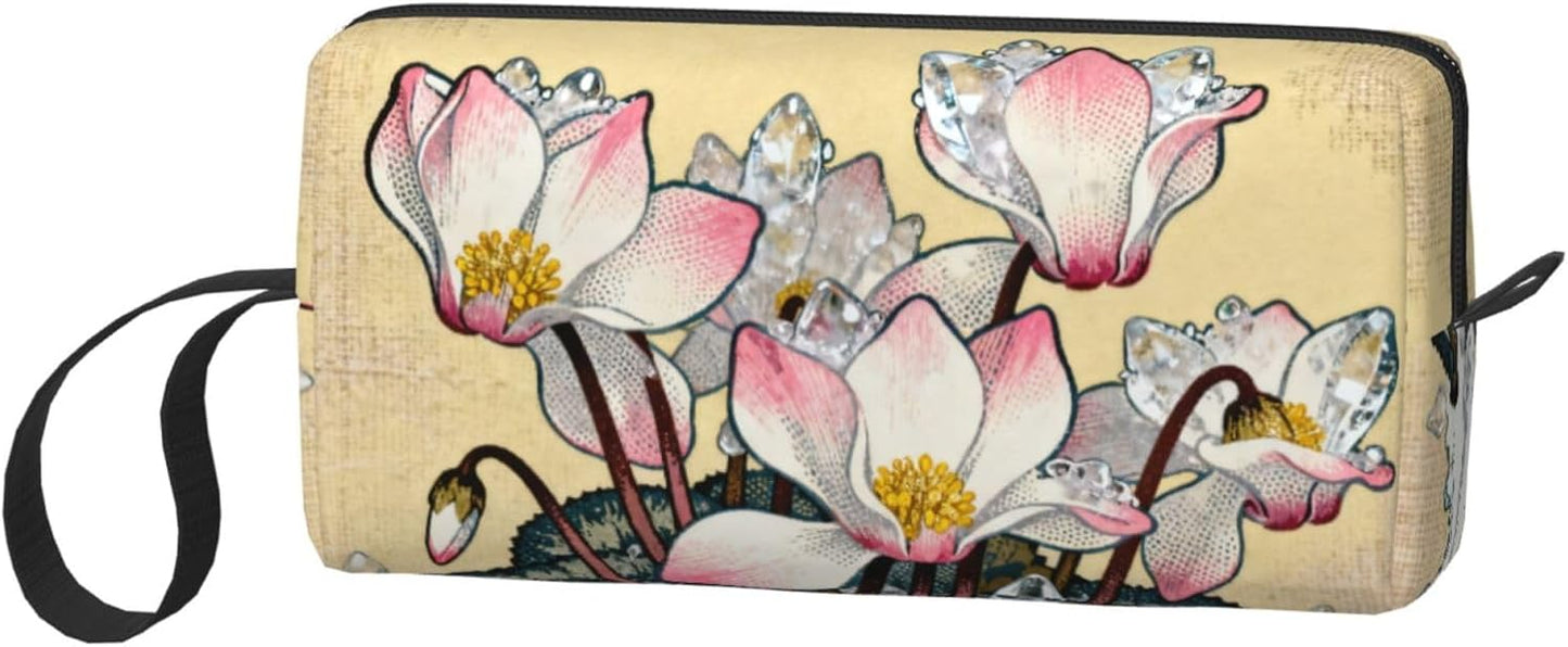 Pink Frosted Cyclamen Floral Makeup Bag Organizer Compact & Durable Flowers Travel Cosmetic Bag Oxford Fabric Impact-Resistant Multi-Purpose Storage Perfect for Travel, Gym, Daily Use