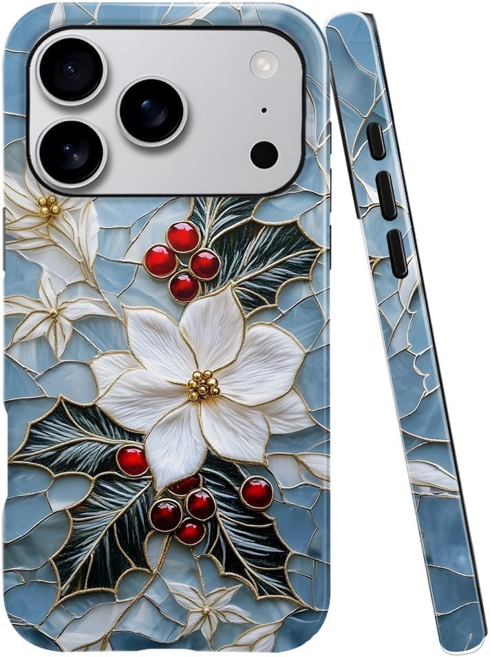 Case for iPhone 17 Pro - Slim Fit Anti-Scratch Phone Case for Girl Women - Christmas Holly Elegant Winter Floral (Glossy)