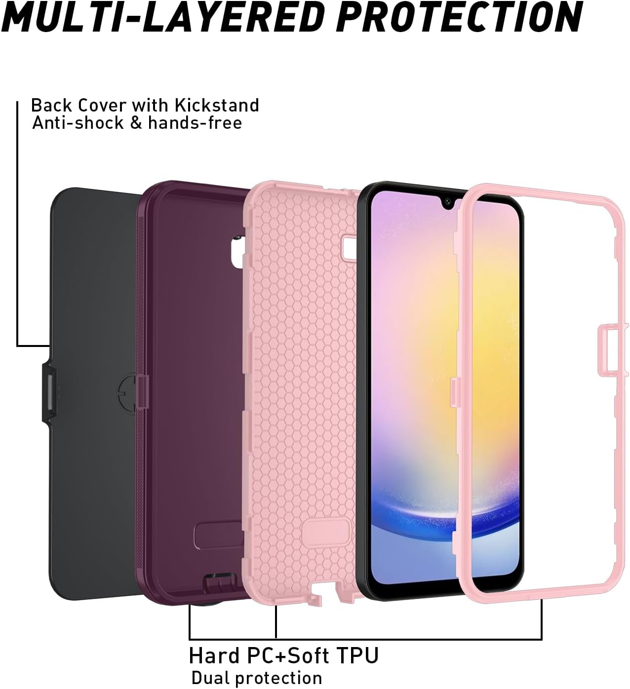 for Samsung Galaxy A17 5G case,A16 5G Heavy Duty case,with A Tempered Glass Screen Protector, [Military Grade Protective ] [Shockproof] [Dropproof] [Dust-Proof] (with Belt Clip-WineRed/Pink)