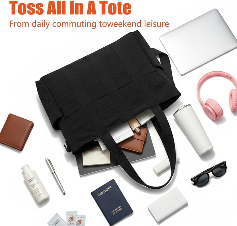 Tote Bag for Women & Men, Travel Large Tote Bag with Zipper & Side Porkect, Waterproof Tote Work Bags for Travel, Work