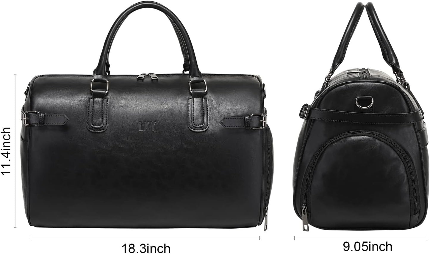 Vegan Leather Duffle Bag, LXY Travel Duffle Weekender Bag with Shoe Compartment, Duffel Overnight Gym Bags for Women Men Black