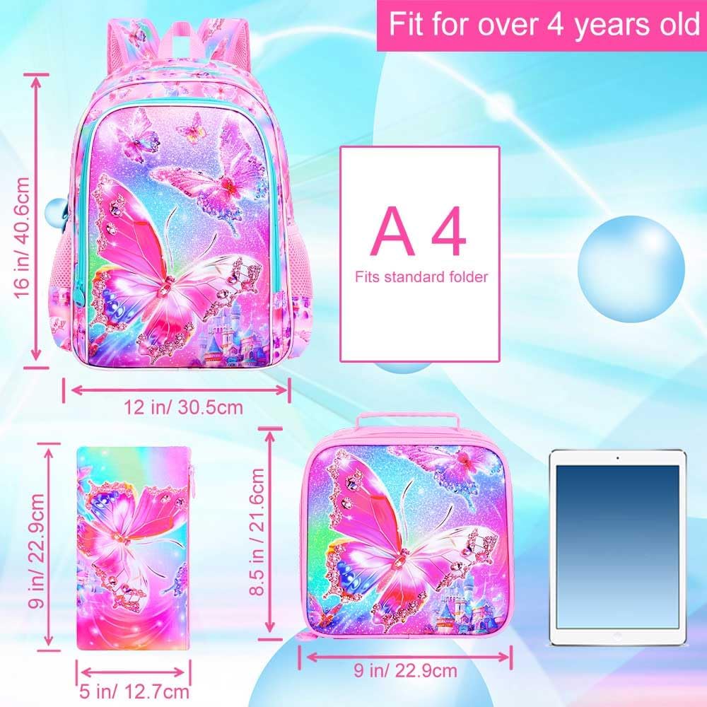 KLFVB 3PCS Butterfly Backpack for Girls, Water Resistant Kids Bookbag with Lunch Box, 16" Preschool Backpacks for Elementary - Butterfly Pink