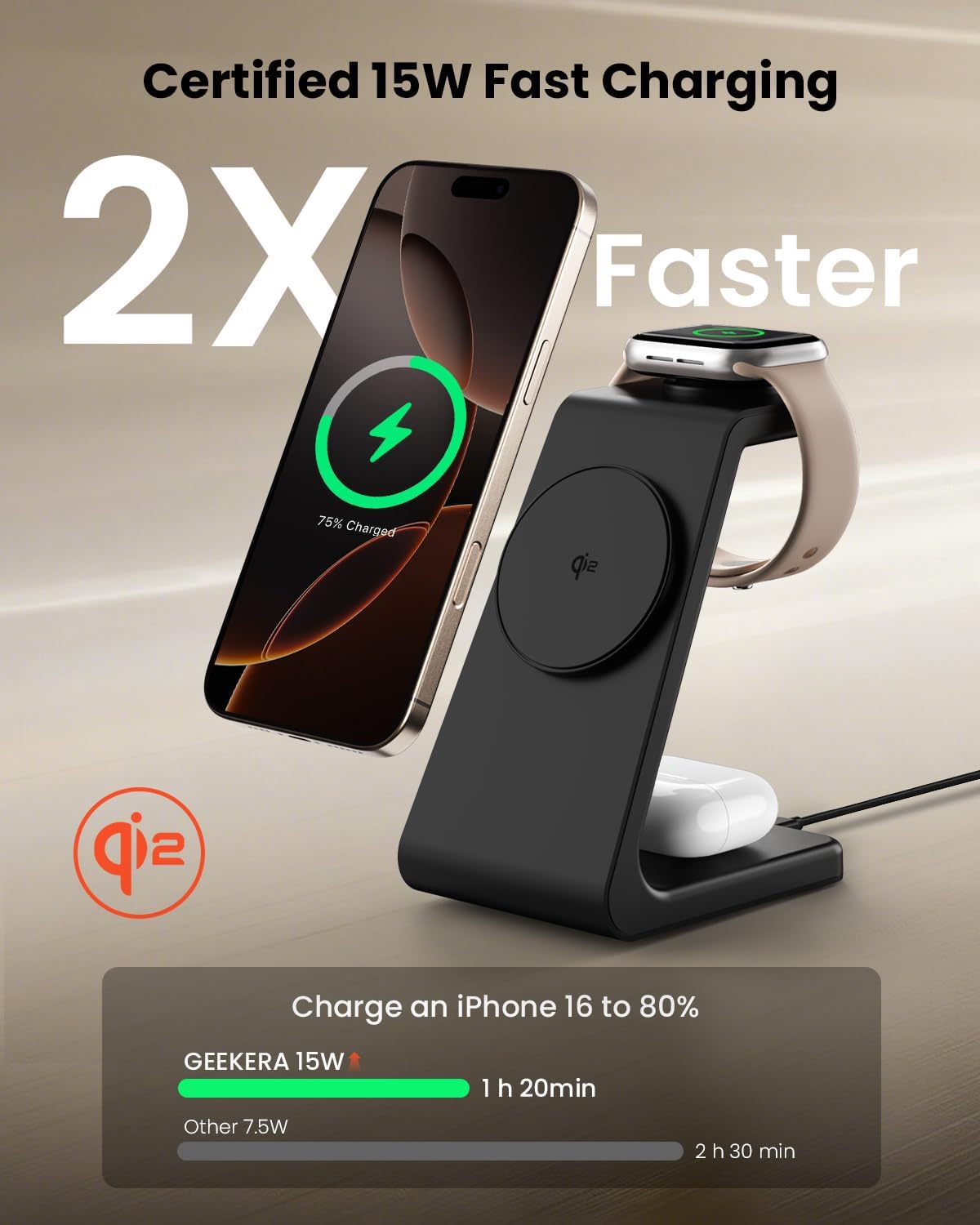 Magsafe Wireless Charging Station for iPhone: 3 in 1 15W Magnetic Portable Desktop Charging Station Qi2 Certified Charger Stand for iPhone17/16/15/14/13/12 Series, Apple Watch, AirPods 4/3/Pro