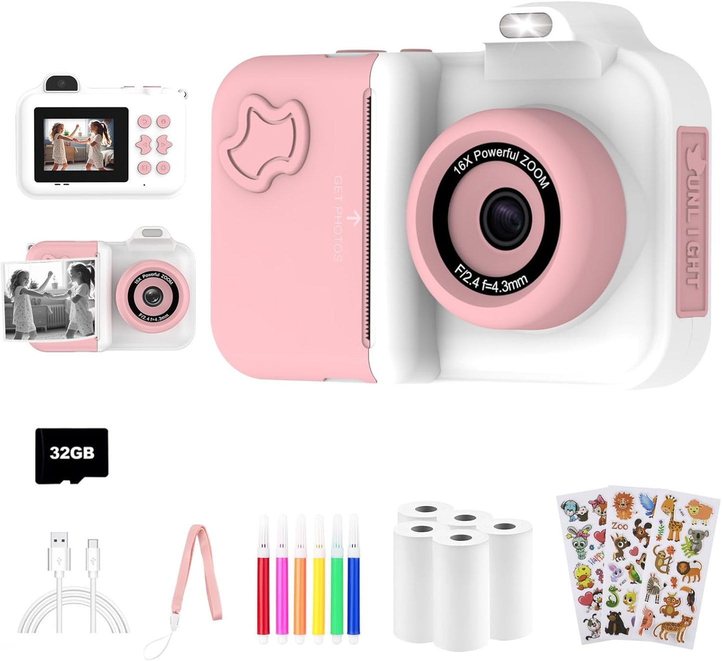 Kids Camera Instant Print, Christmas Birthday Gifts Toys for Girls Boys Age 4 5 6 7 8 9 10 11 12 Years Old,1080P HD Dual-Lens Selfie Digital Camera with 5 Rolls Print Paper Stickers Pens & 32G Card