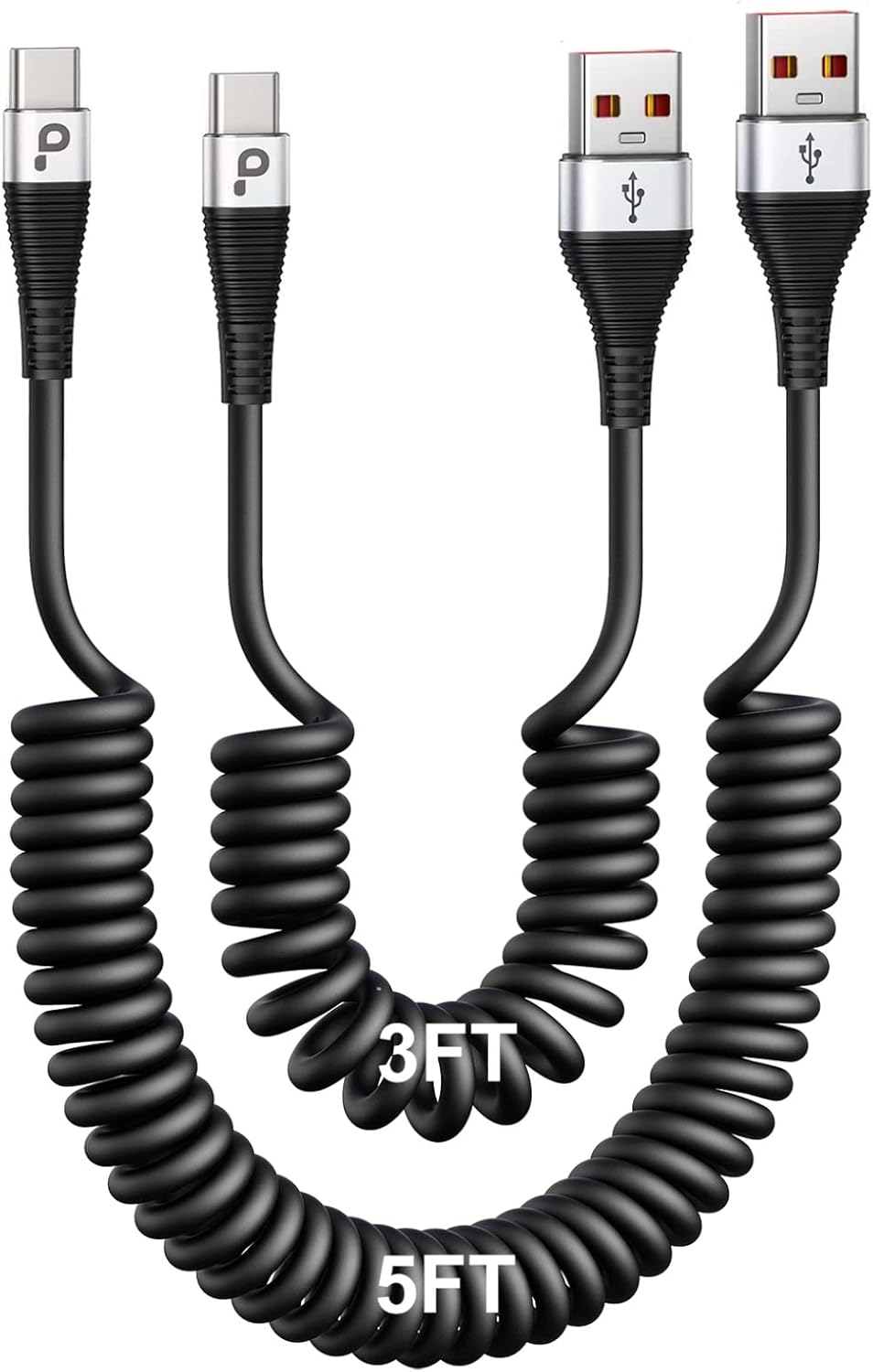 USB Type C Coiled Cable Fast Charging (3FT/5FT), 2Pack Android Auto Charging Cord for Car, Short USB A to USB C Charge Cable Compatible with iPhone 17/16/15/Pro Max/Samsung Galaxy S20 Note 10 and More