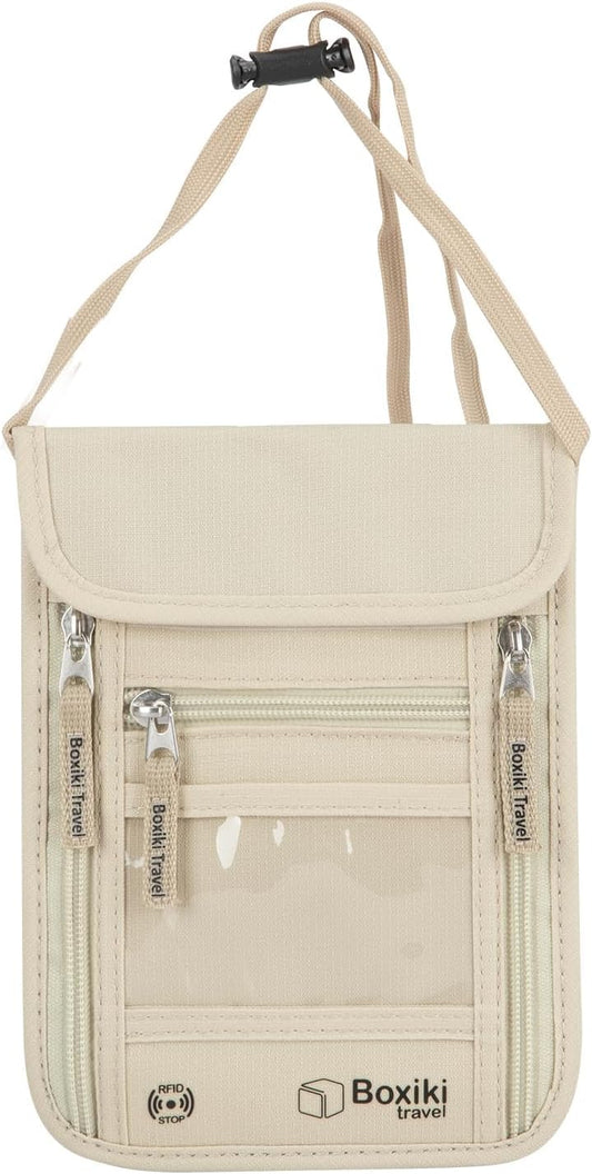 RFID Travel Neck Wallet - Beige | Sleek, Secure Passport Holder and Money Pouch with Adjustable Neck Strap for Men and Women to Keep Cash, Credit Cards & Travel Documents Safe