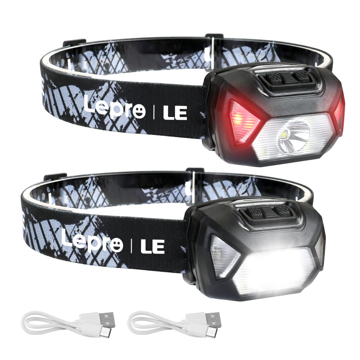 Lepro Rechargeable LED Headlamp Bright Waterproof Headlight 2 Pack - Black