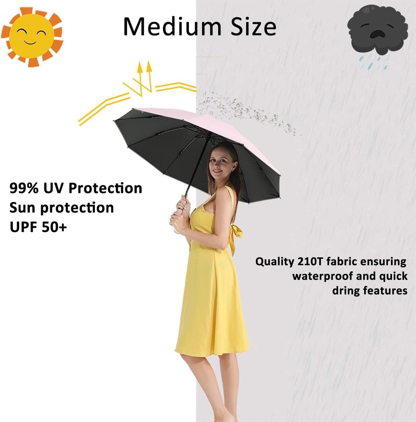 BAODINI Inverted UV Umbrella for Rain and Sun Medium Size UPF 50+ Rverse Compact Umbrella Auto Open Close
