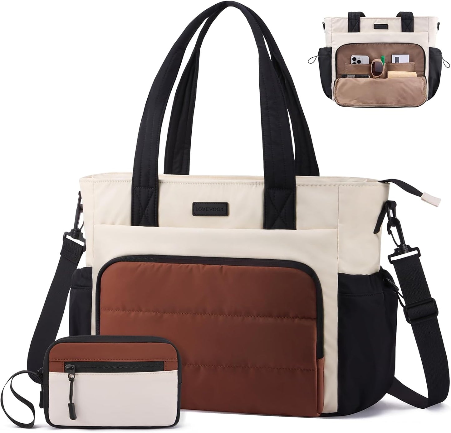 LOVEVOOK Tote Bag for Women, 15.6 Inch Puffer Laptop Work Tote with Cup Holder, Quilted Nurse Bag for Travel, Gym, Daily Use
