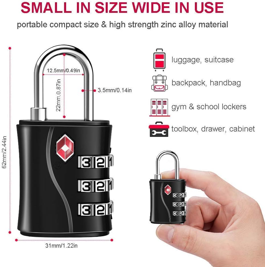 ZHEGE TSA Luggage Lock for Train 4 Pack, 1 Cable (30 Inch), Travel Lock for Backpack, Suitcase, School Gym Locker (Black, 4 Pack)