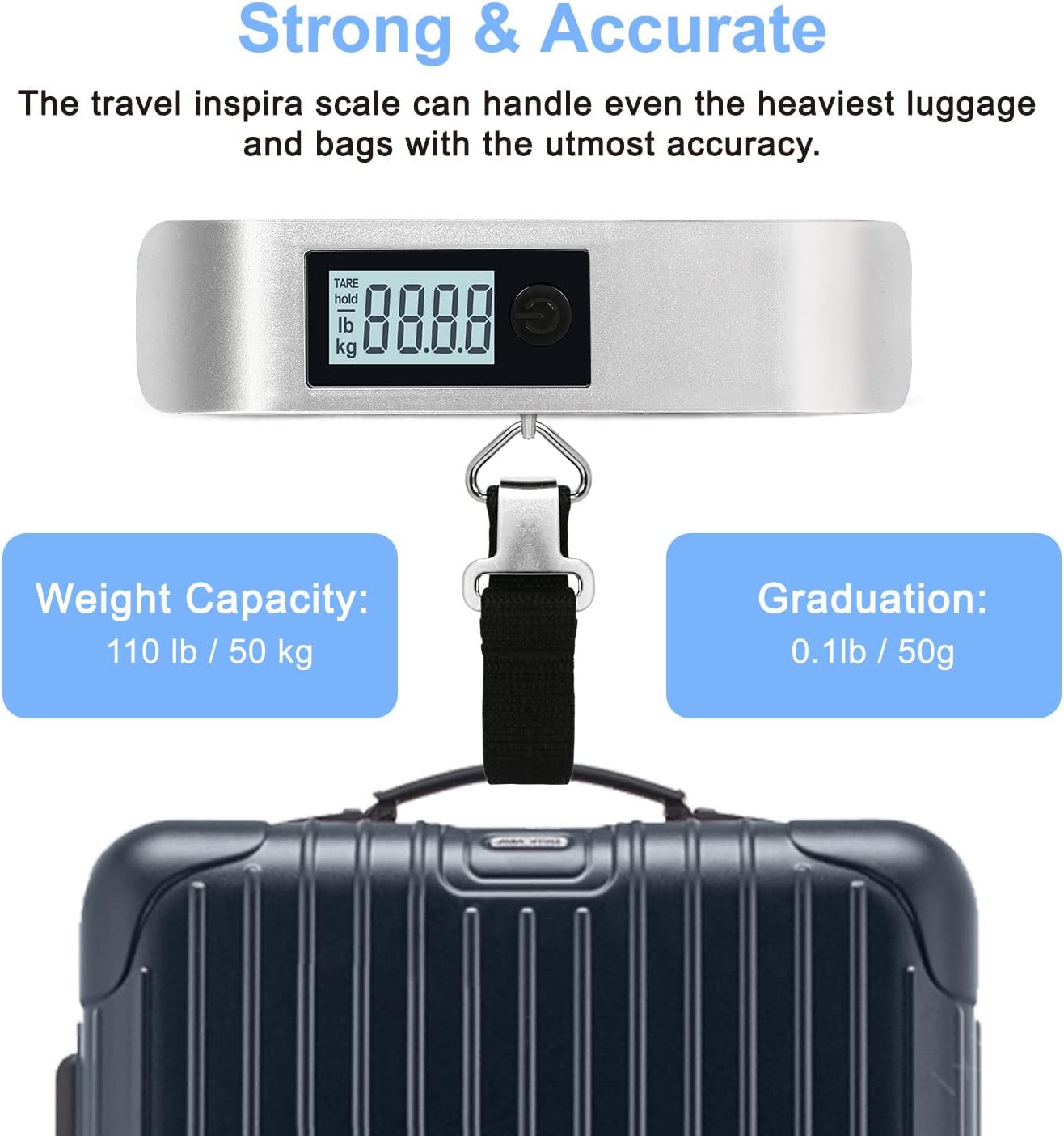 travel inspira Luggage Scale, Portable Digital Hanging Baggage Scale for Travel, Suitcase Weight Scale with Rubber Paint, 110 Pounds, Battery Included