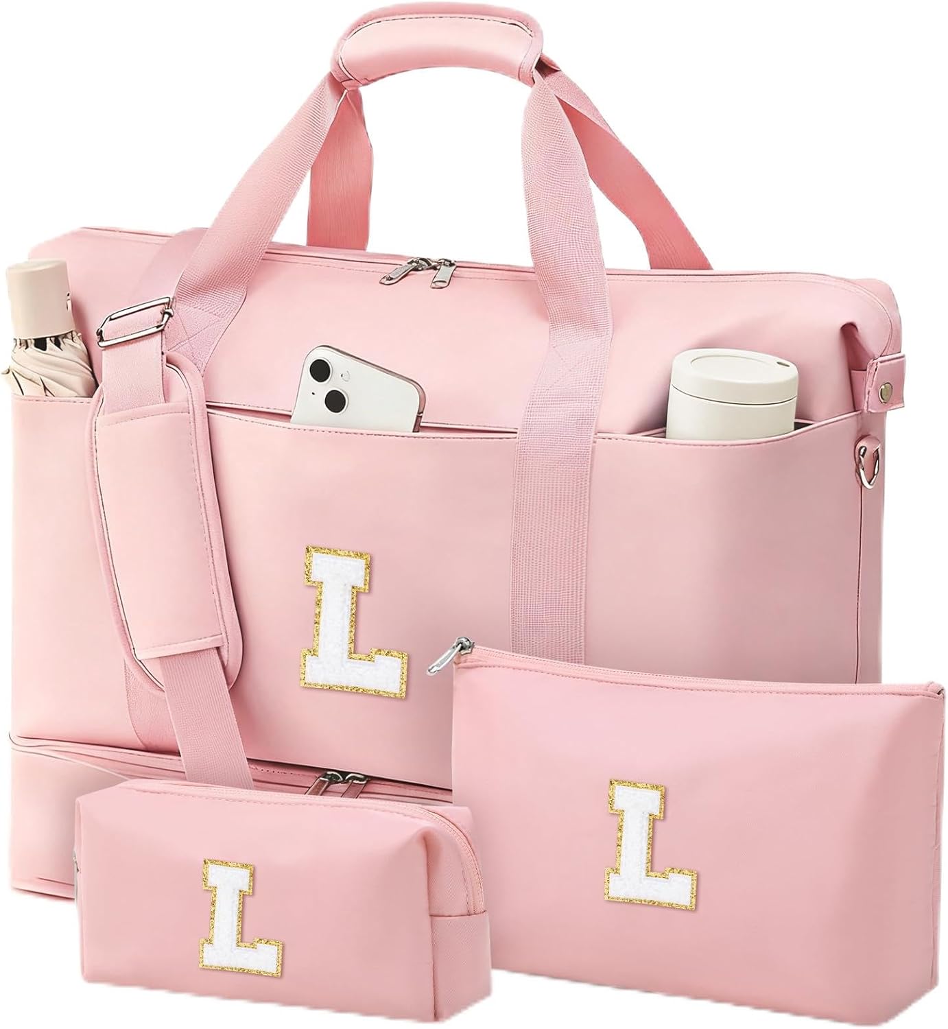 Personalized Initial Travel Duffle Bag for Women, Dance Bags with Foldable Shoe Compartment, Carry-On Weekender Duffel, Gifts for Teenage Girls, Water Resistant, Pink Letter L
