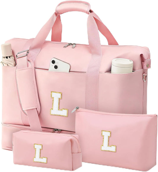Personalized Initial Travel Duffle Bag for Women, Dance Bags with Foldable Shoe Compartment, Carry-On Weekender Duffel, Gifts for Teenage Girls, Water Resistant, Pink Letter L