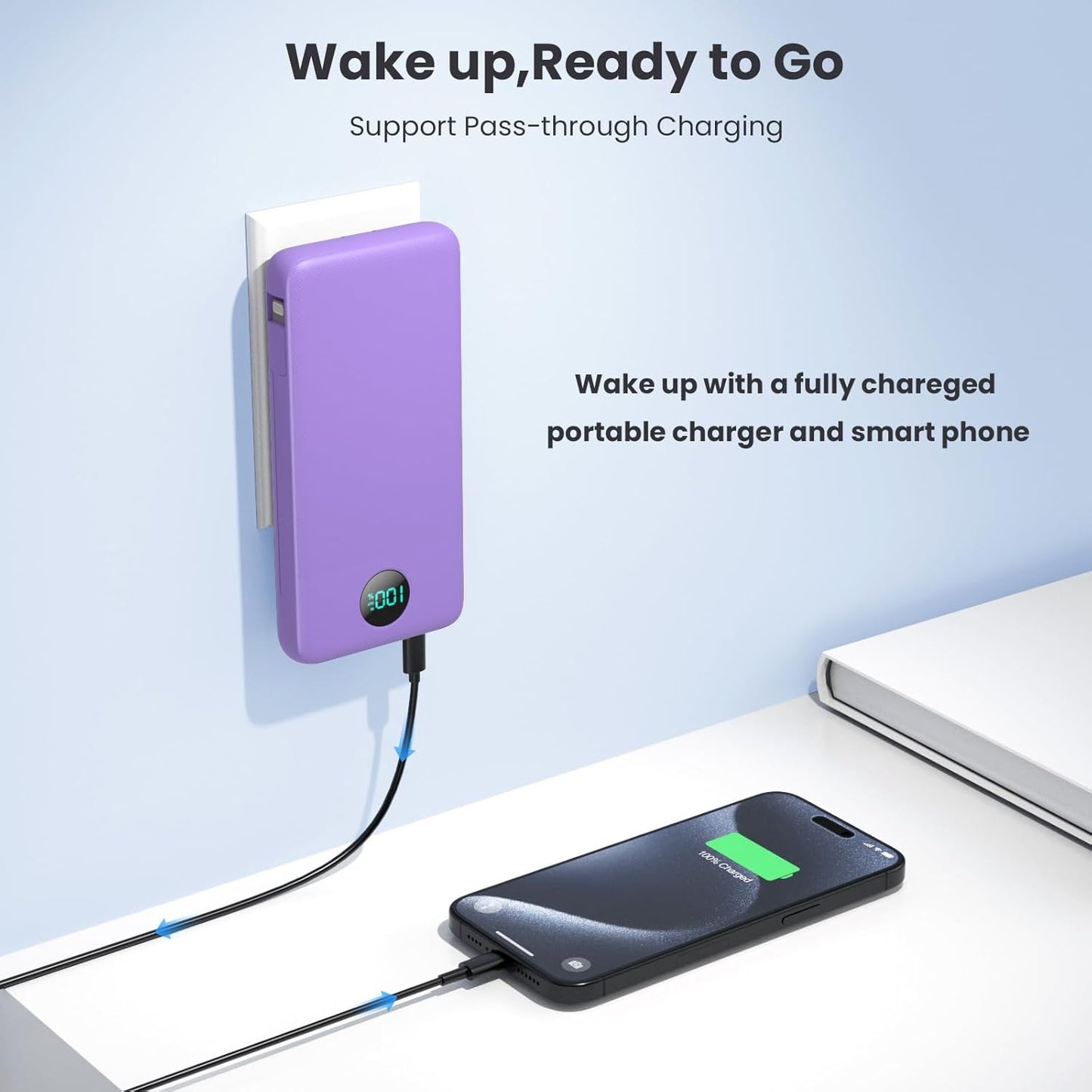Portable Charger 13800mAh Slim USB C Power Bank with Built in Cables and Wall Plug,LCD Display Lightweight Travel Battery Pack,PD Fast Charging Compatible with iPhone 17,16,15,Samsung Android-Purple