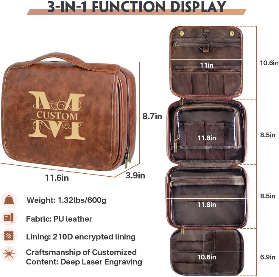 HDSD Custom 3-in-1 PU Leather Toiletry Bag For Men Personalized Hanging Travel Organizer Bag for