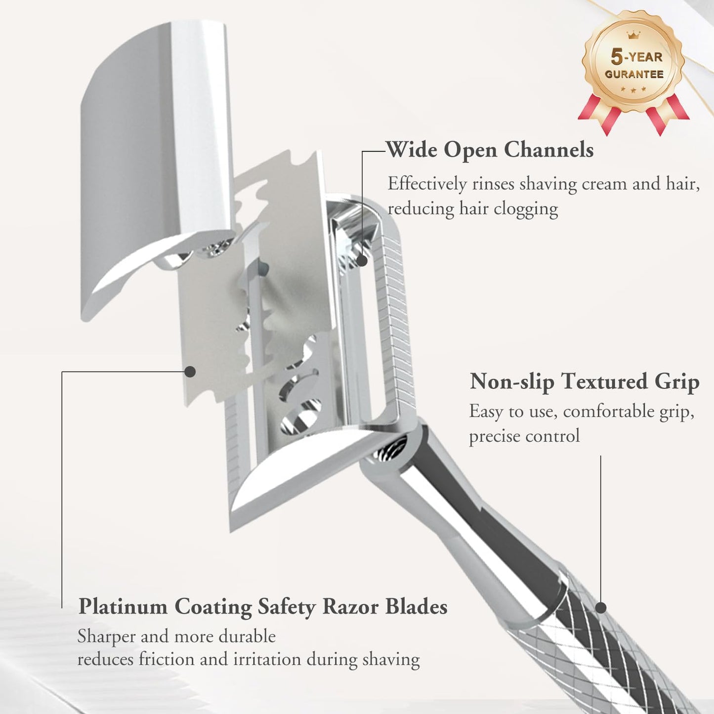 Bright Silver Safety Razor - Single Blade Razors for Men - Reusable Metal Razor, with 5 Stainless Steel Double Edge Blades, Smooth Close Shave, Sustainable, Plastic Free